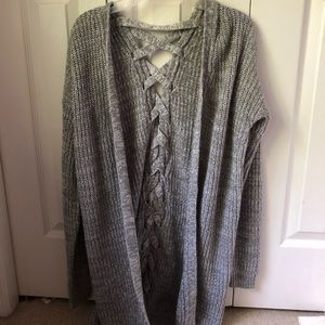 gray and white cardigan